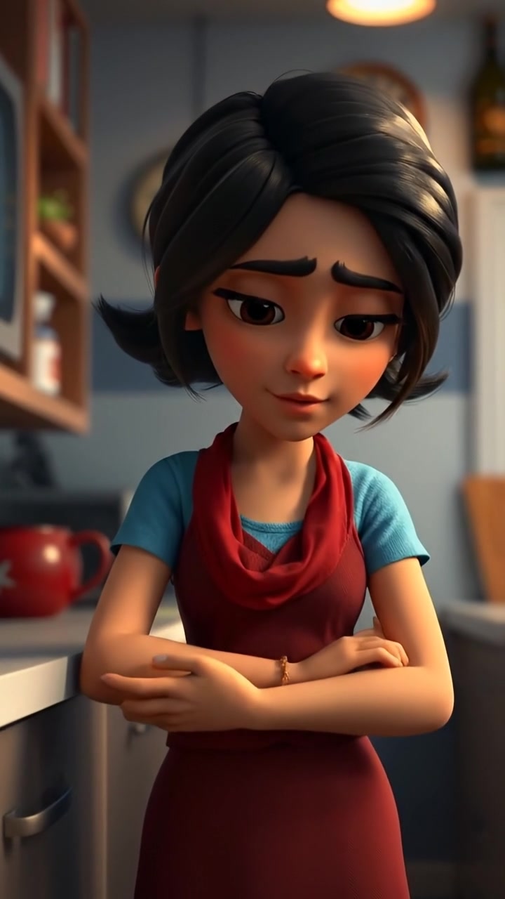 Asha in a 3D animated kitchen, standing pensively with her hands on the counter, soft natural light illuminating her reflective expression, smooth camera zoom-in capturing her thoughtful mood, warm ambient tones with gentle shadows. The background features a quiet, peaceful kitchen setting. The audio features subtle ambient house sounds.