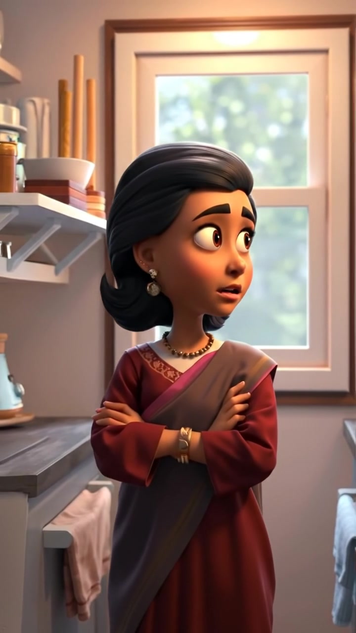 Asha in a cozy 3D animated small kitchen, gazing out a window with concern, illuminated by warm soft lighting, detailed textures, and smooth camera panning. The background features a softly lit, inviting interior with a blurred outdoor view. The audio features gentle indoor ambience with distant outdoor sounds.
