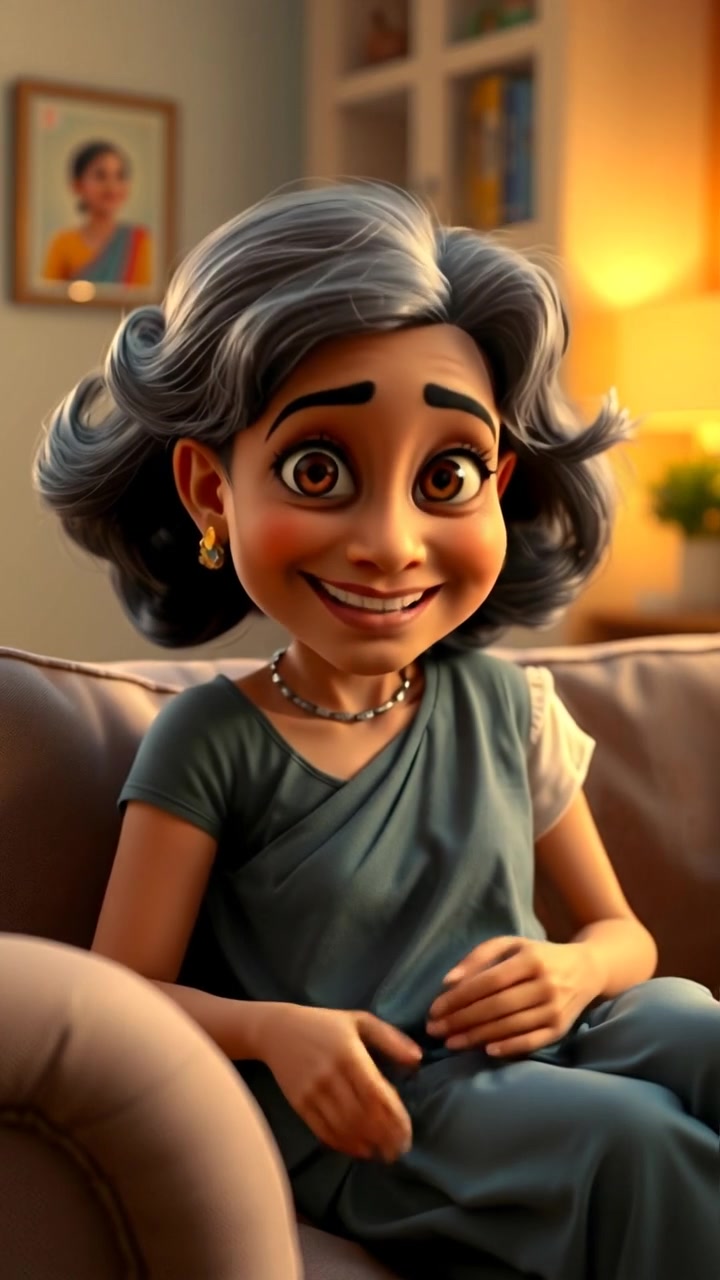 Asha sitting comfortably in her living room with a warm smile, showcasing her relaxed demeanor. Cinematic 3D animation style with natural lighting, high detail, smooth camera motion, and warm tones that highlight a cozy, inviting atmosphere. The background audio features soft ambient sounds of a peaceful home.
