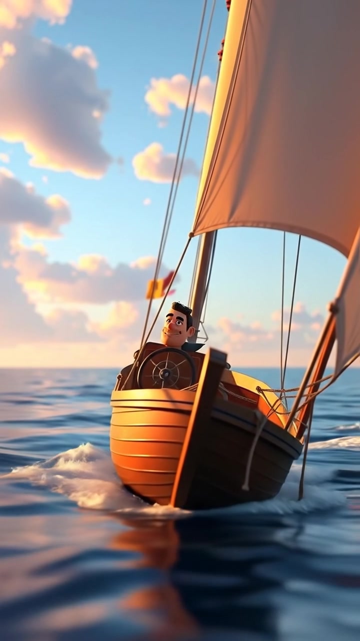 A 3D animated scene of a ship sailing smoothly across a calm ocean, with Malin at the helm, under soft natural lighting and gentle waves. The camera follows a slow, cinematic dolly shot emphasizing tranquility and fluid motion. The background audio features peaceful ocean waves.