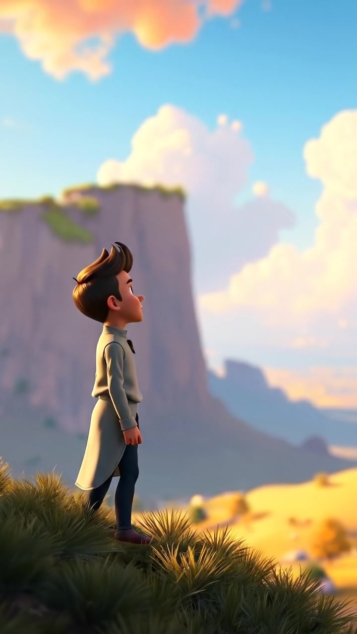 A 3D animation of Amir standing on a scenic hilltop under a soft, overcast sky, gazing hopeful towards the distant horizon. Natural lighting highlights the lush landscape below with high detail and smooth camera movement capturing the expansive view. The audio features gentle wind and ambient nature sounds.