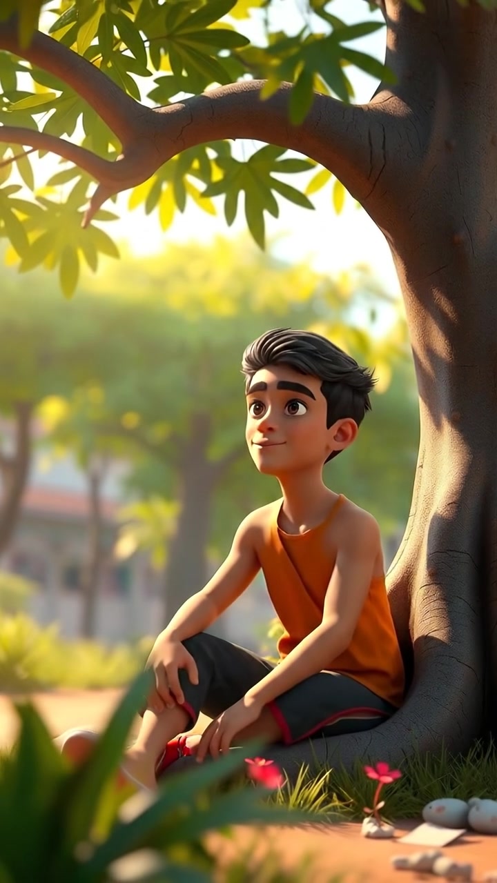 A 3D animation of Amir sitting under a lush tree, gazing thoughtfully at the vibrant surroundings with soft sunlight filtering through the leaves, creating warm tones and gentle shadows. The camera slowly zooms out to reveal the serene outdoor environment. The audio features gentle ambient nature sounds.