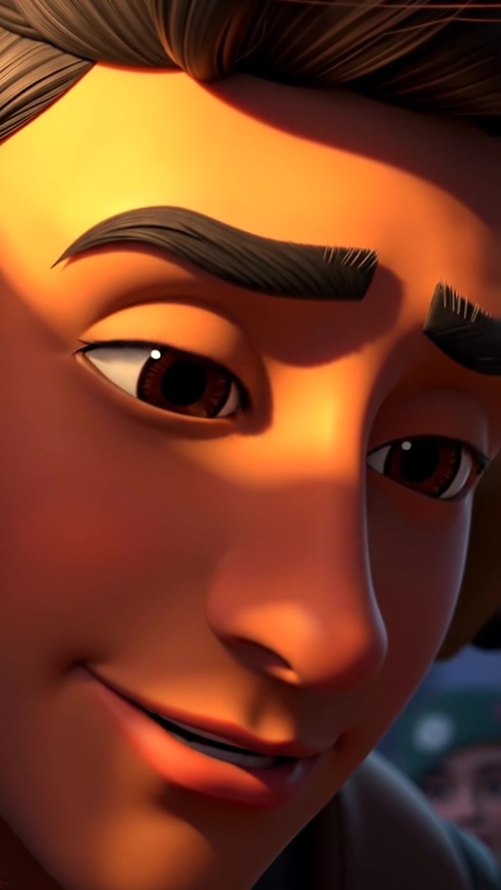 Close-up of Amir's eyes filled with pride and exhaustion, rendered in vibrant 3D animation with detailed facial features, soft ambient lighting highlighting the emotion, slow camera zoom emphasizing intensity, set against a neutral background. The audio features a subtle, uplifting musical score.