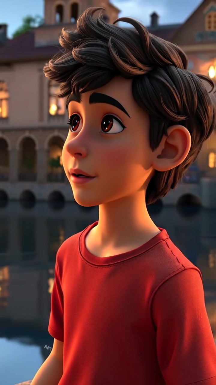 A young Mateo standing contemplatively by a tranquil river, rendered in a detailed 3D animation style. The scene features soft, natural lighting with gentle reflections on the water, smooth camera movement capturing his reflective pose against a lush, serene landscape. The background audio features the gentle sound of flowing water.