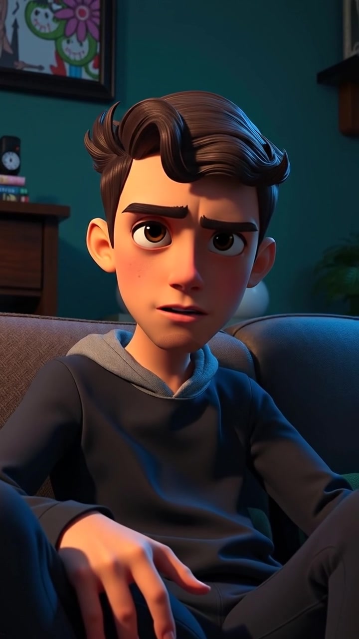 A close-up of Mateo sitting on a couch with a tense expression in a dimly lit room, featuring soft shadows and warm ambient lighting. The scene is rendered in high-detail 3D animation with a smooth camera focus. The background audio features low, suspenseful background music.