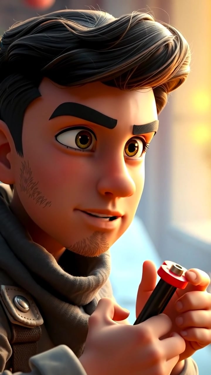 A 3D animation close-up of Mateo holding a slingshot, his expression focused and determined, with soft natural lighting highlighting detailed facial features. The background is blurred, emphasizing his intense gaze, as cinematic camera motion subtly enhances the scene. The audio features soft ambient outdoor sounds.