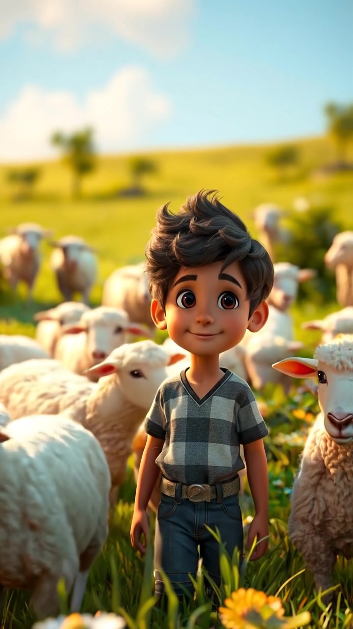 A 3D animation of Mateo, a small boy, standing peacefully among fluffy sheep in a sunlit meadow with lush green grass and wildflowers, captured through a gentle dolly shot with warm tones and soft shadows, emphasizing a serene atmosphere. The background audio features gentle breezes and distant birdsong.