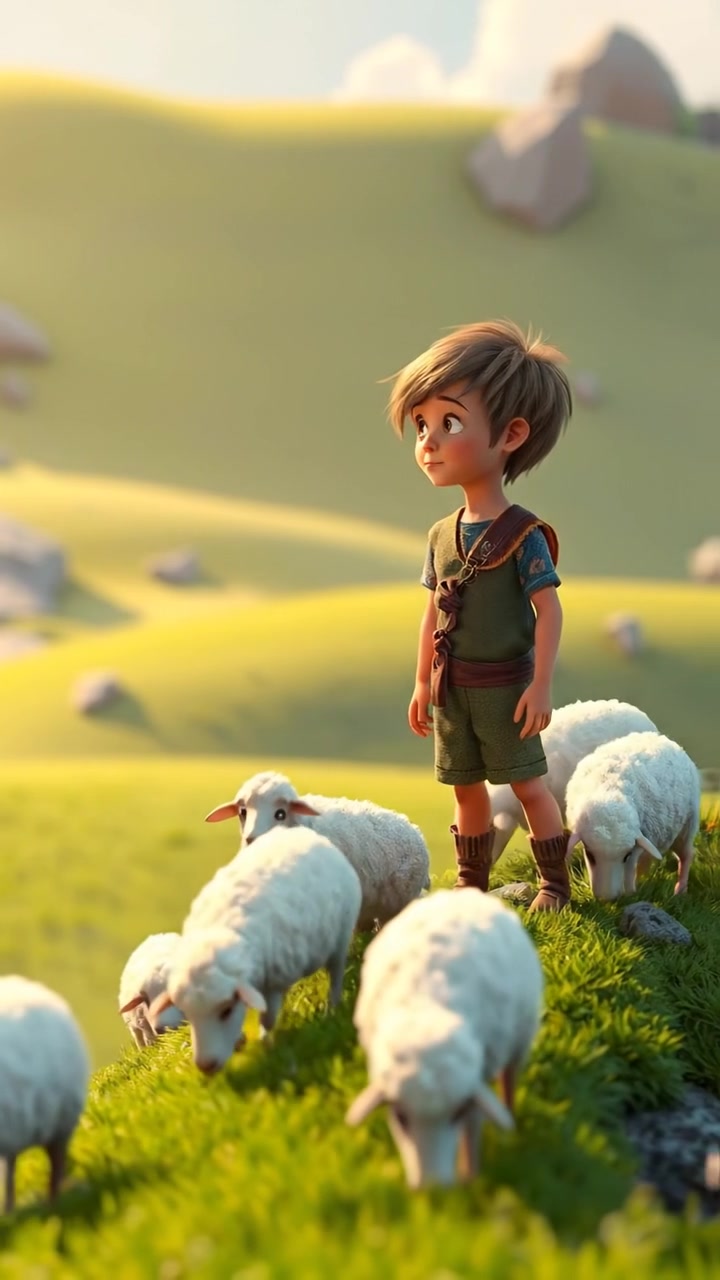 A young shepherd boy in a 3D animation style standing on a lush green hillside, gazing over grazing sheep under soft, natural daylight. The scene features high detail, gentle camera push with warm tones and soft shadows. The background audio includes peaceful wind and distant birdsong.