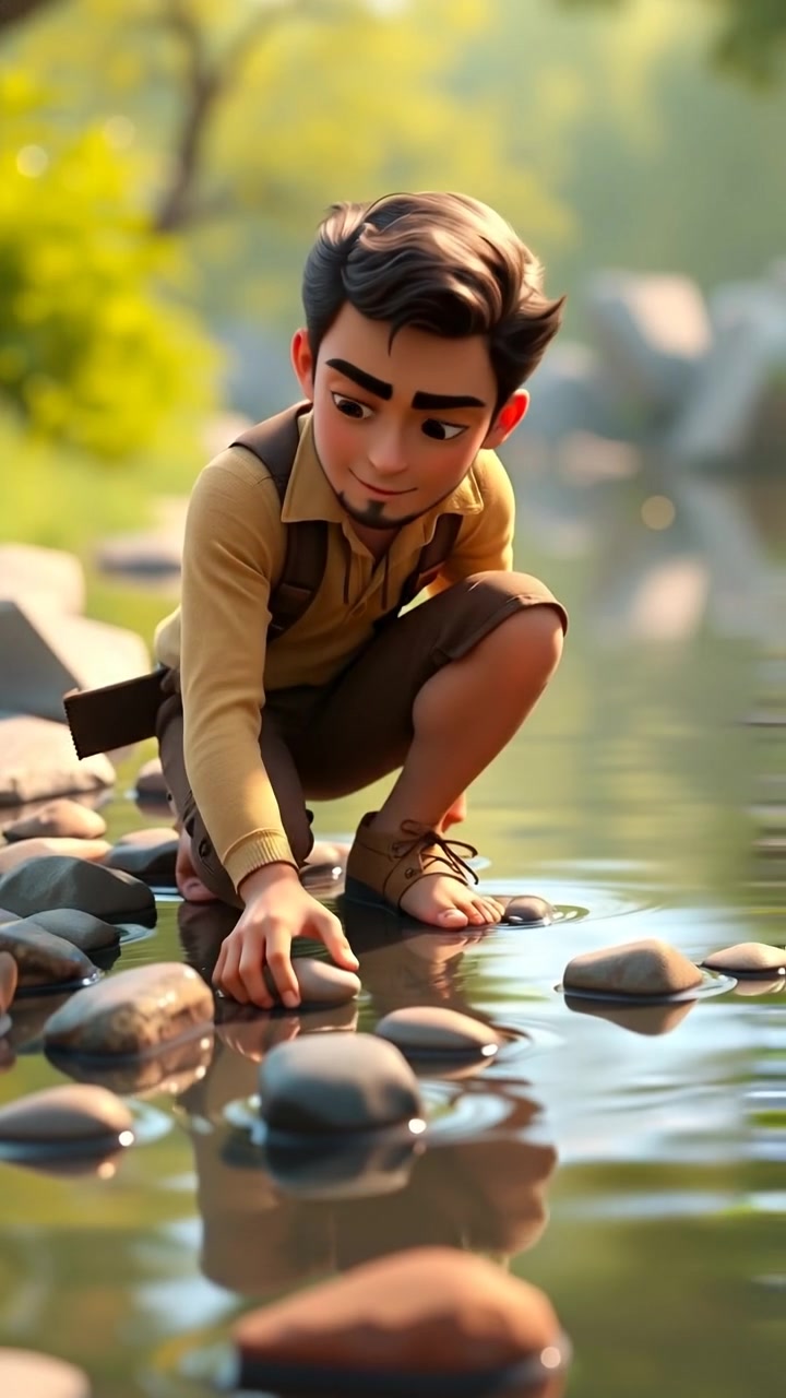 A 3D animation scene of Mateo kneeling by a gentle stream, attentively choosing five smooth, rounded stones, illuminated by soft natural daylight. The setting features lush greenery and shimmering water, with high detail and smooth camera motion. The background audio features the peaceful sound of flowing water.