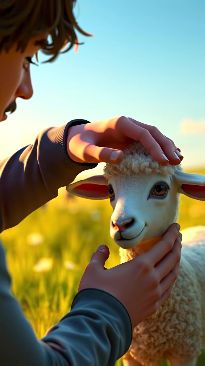 A close-up of Mateo's hands gently petting a sheep in a lush meadow, rendered in detailed 3D animation with soft natural lighting, smooth camera glide capturing intimate moments, and warm tones. The background features swaying grass under a clear sky. The audio features gentle breeze and distant birds chirping.