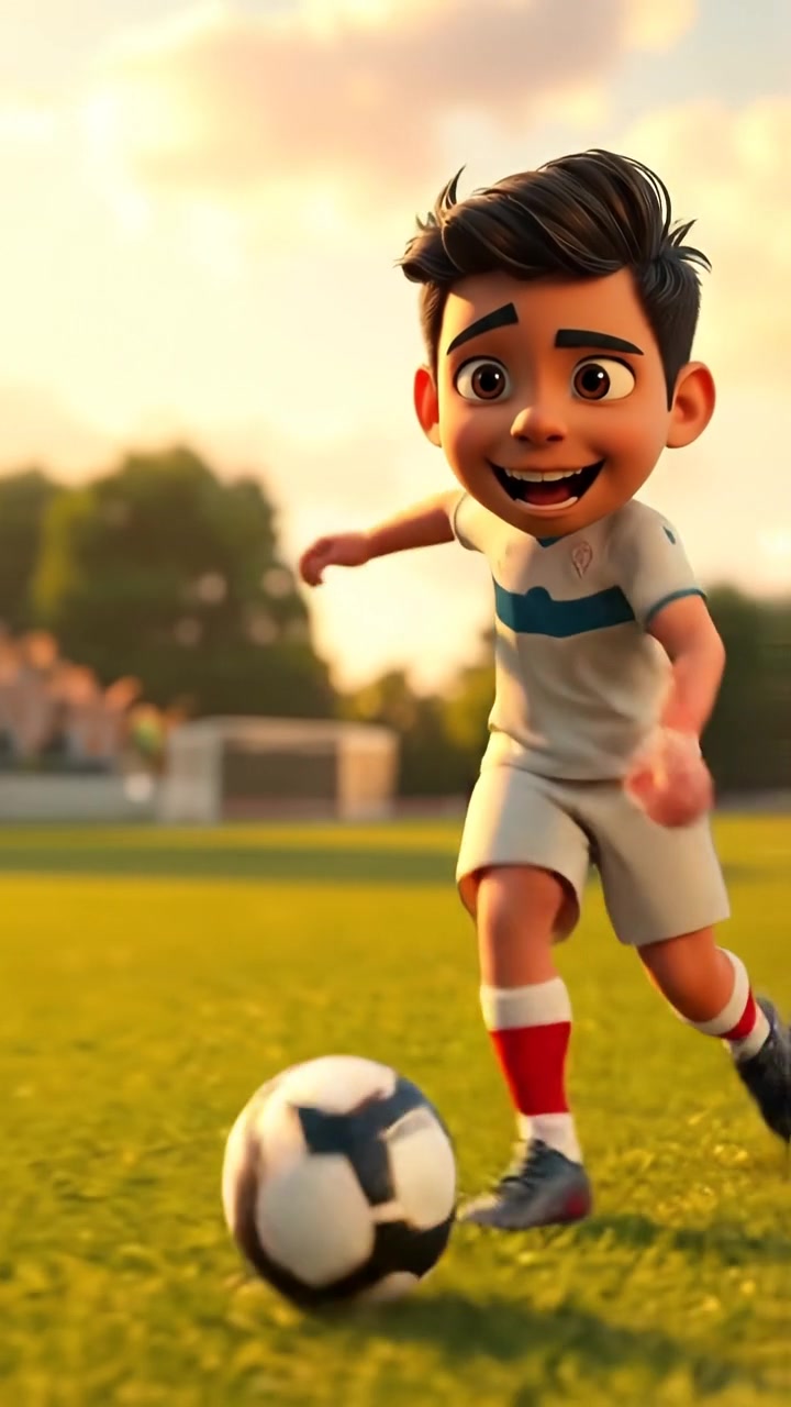 A 3D animation of Mateo demonstrating impressive soccer skills, dribbling dynamically down a lush, sunlit field with vibrant green grass and distant stadium stands, captured with smooth camera motion and natural lighting. The background features the ambient sounds of cheering crowds.