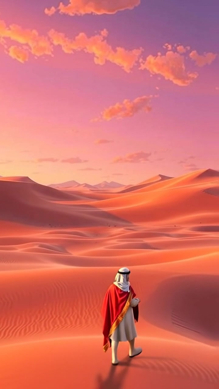 A 3D animation of a vast desert landscape featuring a solitary figure dressed in traditional Middle Eastern garments, walking across the dunes under a clear, bright sky. The scene is rendered with high detail, smooth camera movement, warm tones, and soft shadows. The background audio features the gentle wind of the desert.