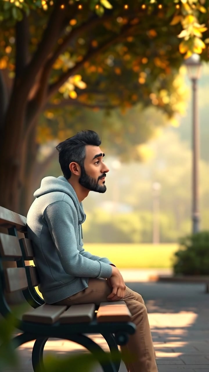 A 3D animation of Omar sitting on a park bench in a tranquil setting, with soft sunlight filtering through lush tree shadows casting intricate patterns around him, highlighting his pensive expression. The scene has warm tones, smooth camera movement, and a serene atmosphere. The audio features gentle rustling leaves.