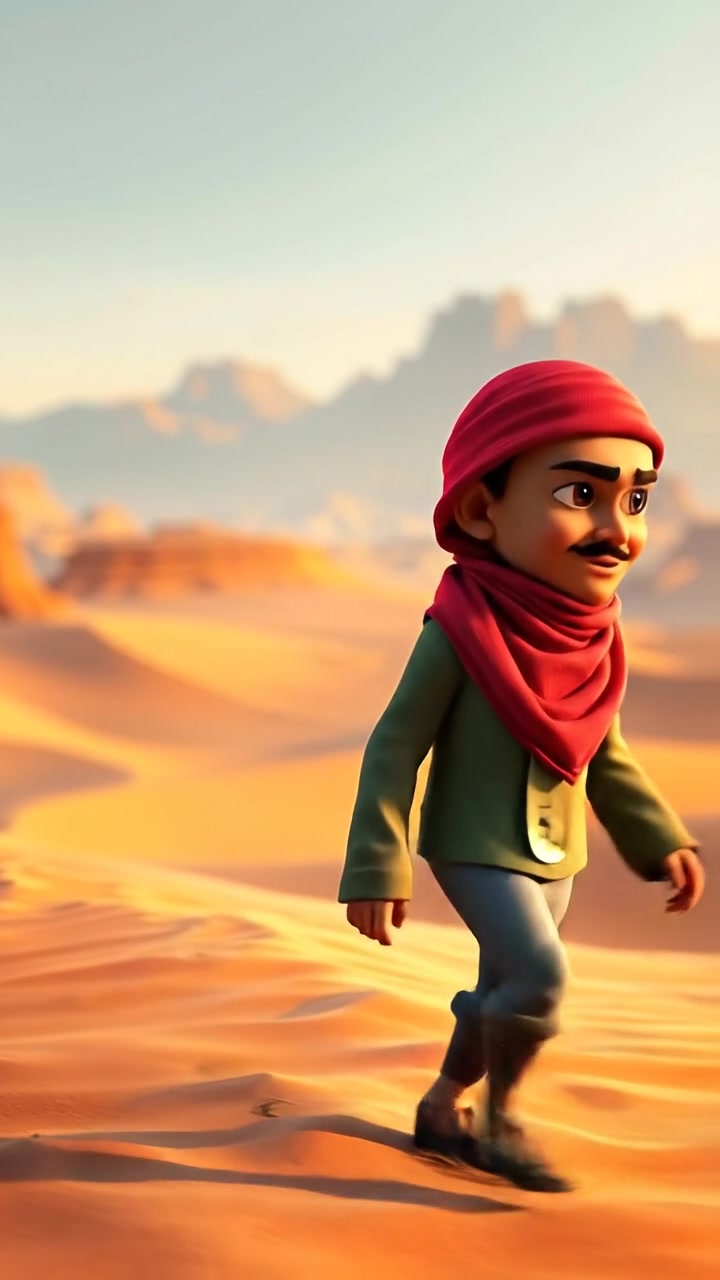 A 3D animated scene of Abu Nawas strolling through a vast desert landscape with shimmering sand dunes and distant mountains under a clear sky. The lighting is natural and warm, with soft shadows and smooth camera movement capturing the expansive view. The background features gentle desert winds. The audio features whispering winds.