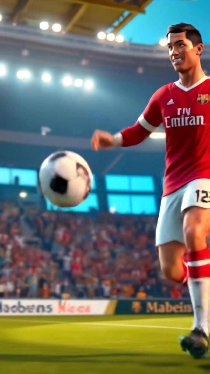 A 3D animation of Cristiano Ronaldo scoring a goal in a vibrant stadium filled with cheering fans. The scene features dynamic camera angles, natural lighting, high detail, and smooth movement. The background hum of excited crowd noise enhances the energetic atmosphere.