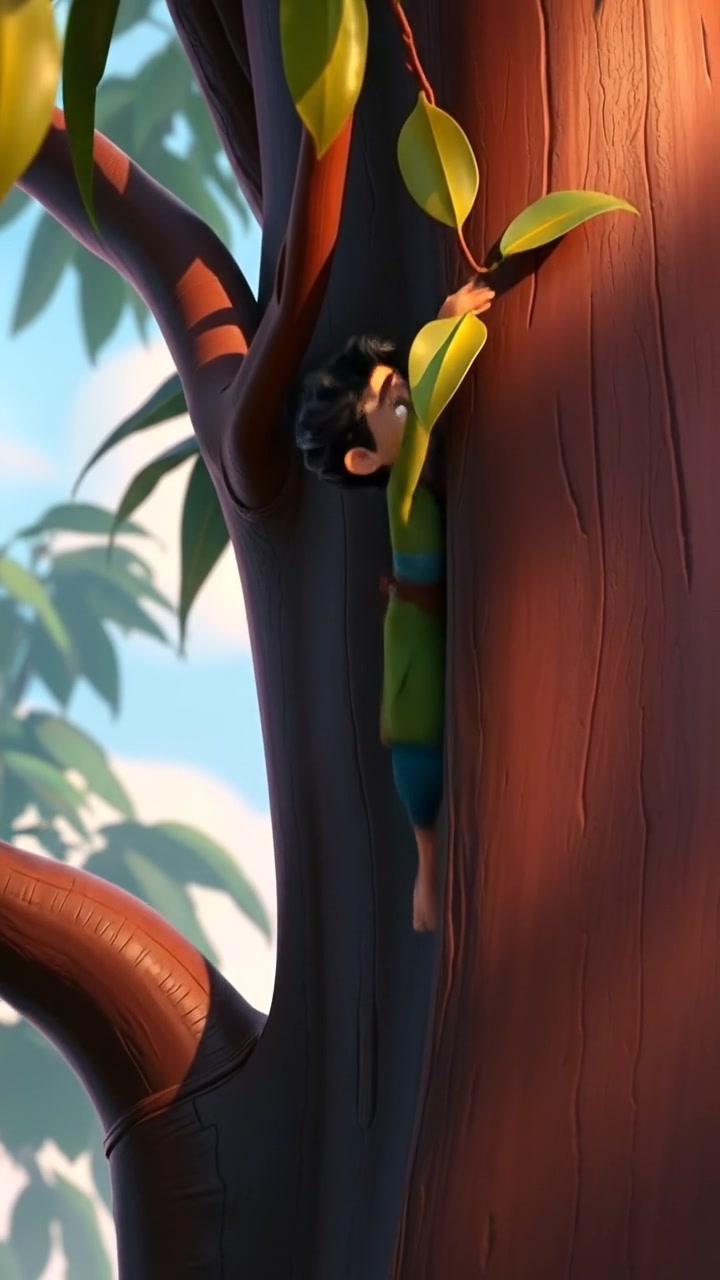 A 3D animation of Ali Baba climbing a tall, lush tree with detailed leaves, peering through the foliage towards the ground. The scene features natural lighting, smooth camera movement, and warm tones creating a magical atmosphere. Soft background music with gentle wind sounds enhances the mystical feeling.