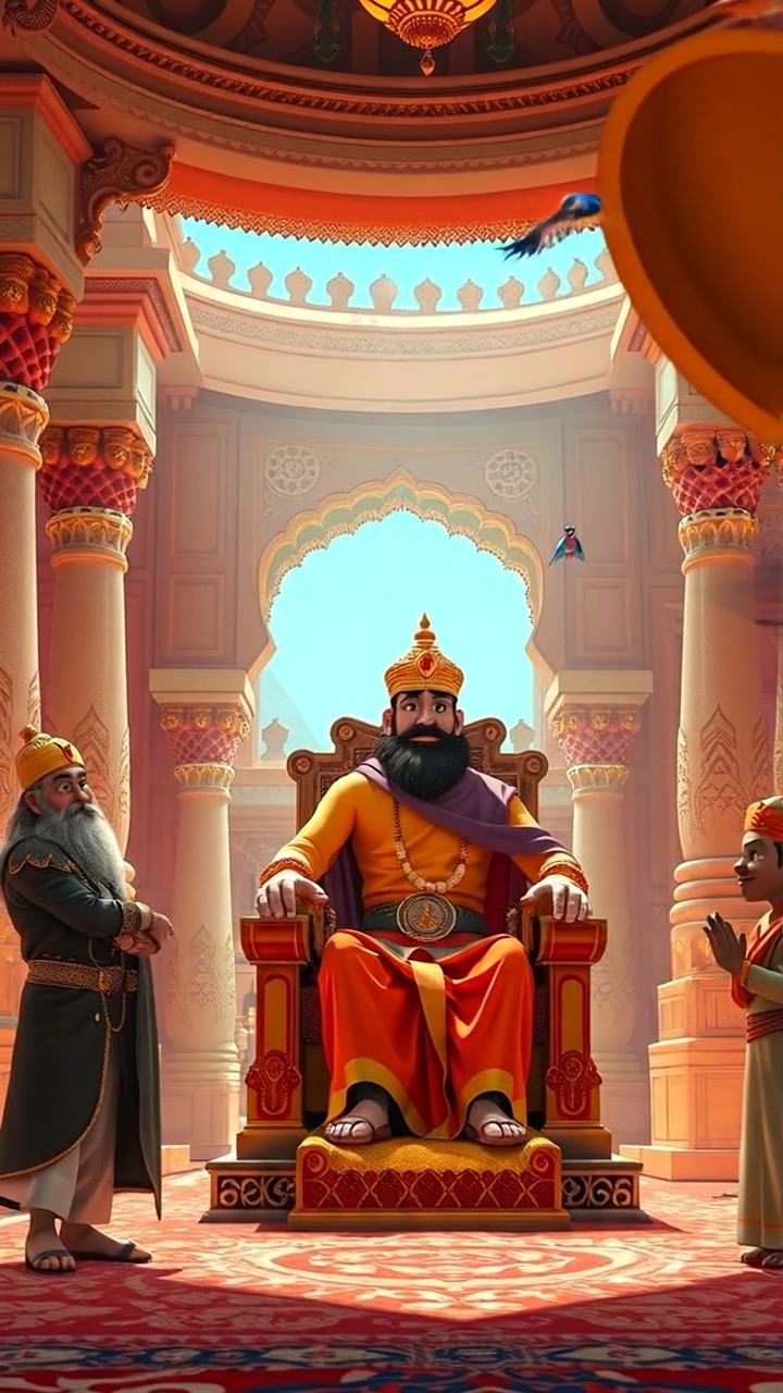 A regal 3D animation of Akbar seated on a majestic throne within a grand palace, surrounded by attentive courtiers, illuminated by warm, natural lighting with intricate details, smooth camera panning for a cinematic feel. The background features ornate architecture and luxurious decor. The audio features soft ambient palace sounds.