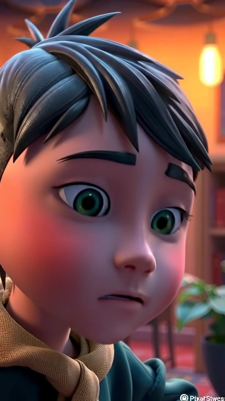 A close-up of Pak Awan with a worried expression in a detailed 3D animation style, capturing the subtle emotions on his face, illuminated by soft natural lighting and gentle shadows. The scene features smooth camera focus on his thoughtful gaze with a blurred background. The audio features ambient soft wind sounds.