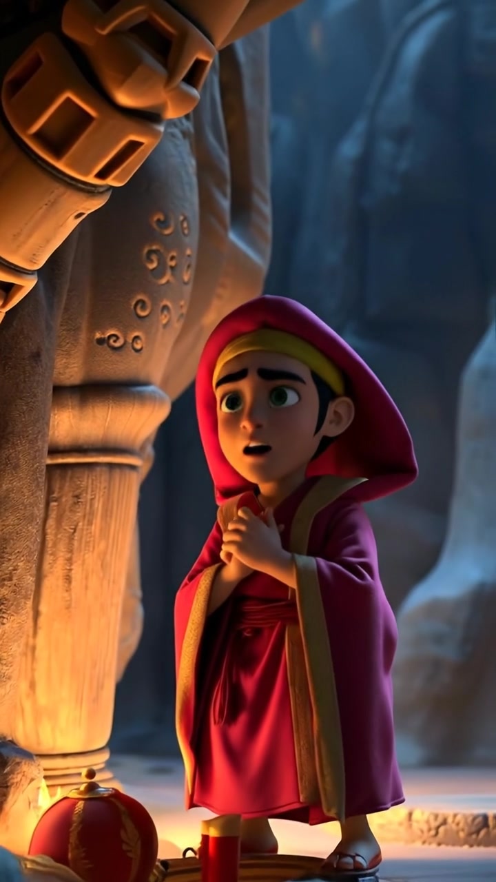 A 3D animated scene of Ali Baba trembling with excitement, standing just outside a dark cave with intricate textures, dappled sunlight casting soft shadows. The camera slowly dolly-in from a wide shot, capturing his eager expression against a mysterious, rocky backdrop. The audio features subtle, mystical ambient sounds.