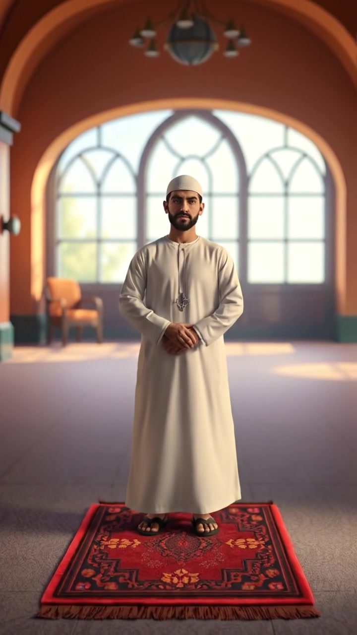 A male figure in a white thobe standing on a prayer mat in a quiet, spacious room, rendered as a detailed 3D animation with soft natural lighting, smooth camera movement capturing the serene environment, warm tones and gentle shadows. The background audio features calming ambient sounds.