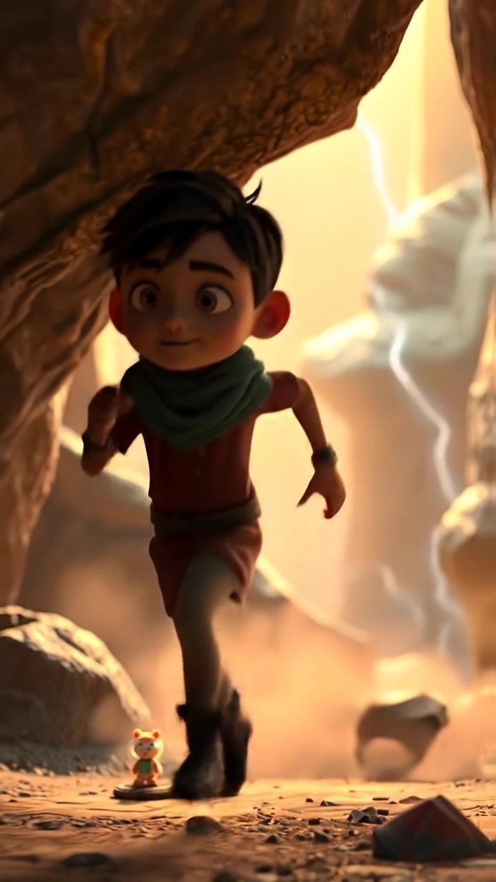 A 3D animation of Samer emerging dynamically from a cave as debris crashes behind him, with natural lighting highlighting detailed textures and smooth camera movement capturing the tense moment. Warm tones and soft shadows create a dramatic atmosphere. The background features distant echoes of rumbling thunder.