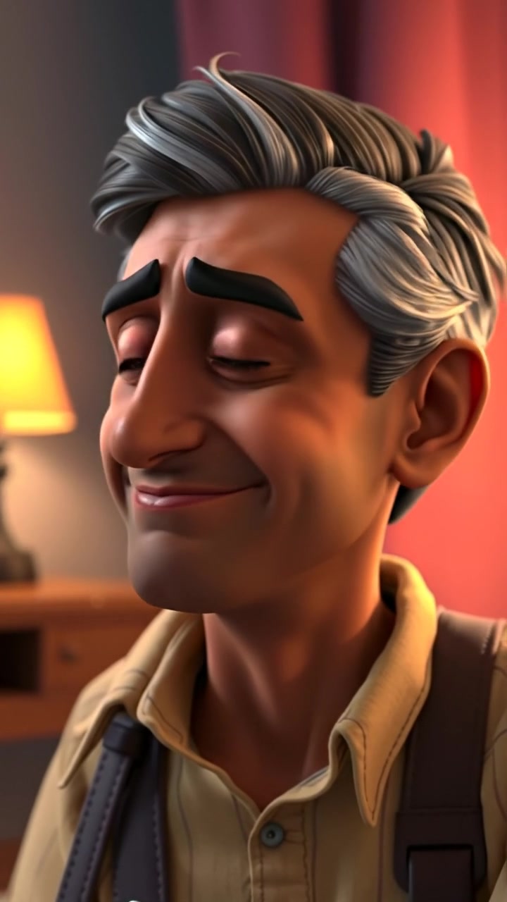 A 3D animation of Omar looking thoughtful, with a smooth camera move capturing his face as his expression transitions from anger to amusement. Natural lighting emphasizes facial details, with a soft background glow. The scene exudes a warm, contemplative atmosphere. The audio features gentle ambient sounds.