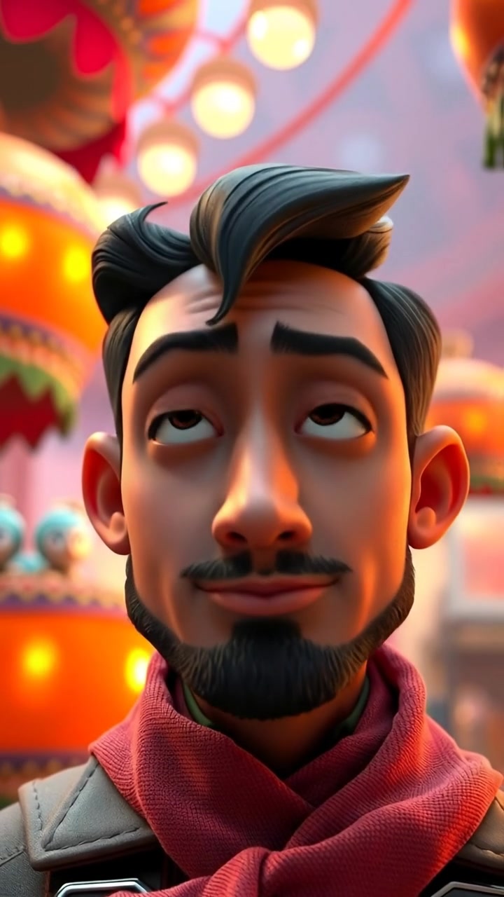 Close-up of Amir's thoughtful face in a detailed 3D animation style, capturing a sense of determination with natural lighting and smooth camera focus. The background is softly blurred, emphasizing facial features, with warm tones and subtle shadows. The audio features gentle ambient sounds.