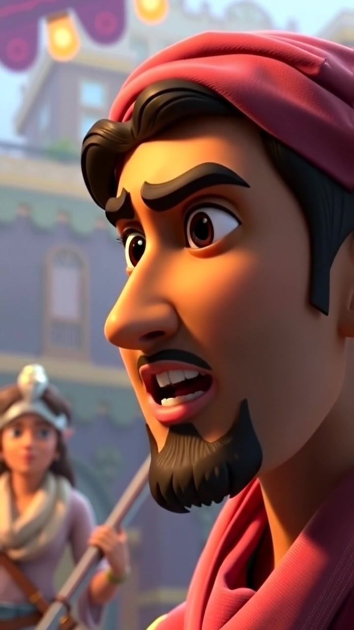 Close-up of Umar's face in a dynamic 3D animation style, showcasing determination and strength as he speaks passionately. Rendered with high detail, natural lighting, and smooth camera motion that emphasizes facial expressions against a neutral background. The audio features subtle ambient sounds enhancing emotional intensity.