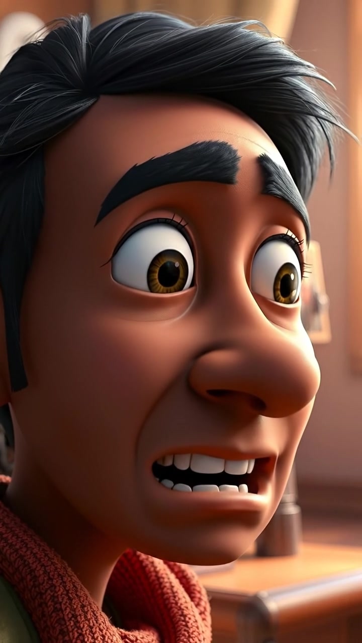 Close-up of Ahmed's face in 3D animation style, expressing fear and tension, with dramatic lighting and detailed facial expressions. Smooth camera focus emphasizes emotion, with a slightly blurred background. The scene features a cinematic, intense atmosphere with warm tones and soft shadows. The audio features a tense, ambient soundtrack.