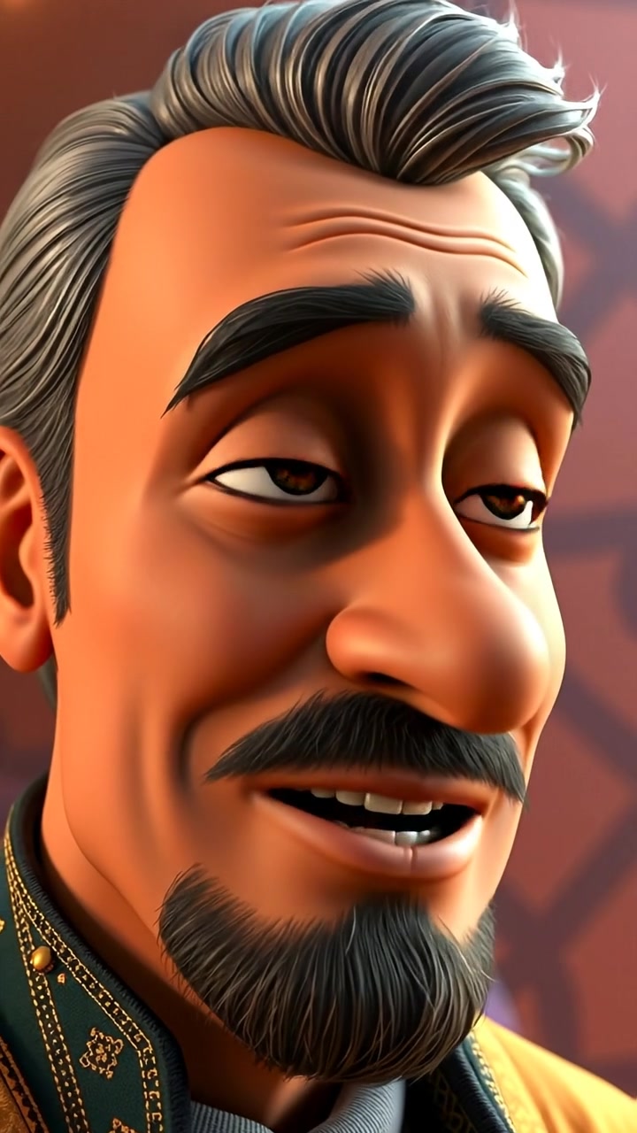 A close-up of Omar's face showing wisdom and understanding, rendered in vibrant 3D animation with soft cinematic lighting, subtle facial movements, and a blurred background to emphasize emotion. The scene exudes a warm, introspective atmosphere with smooth camera focus. The audio features gentle ambient sounds.