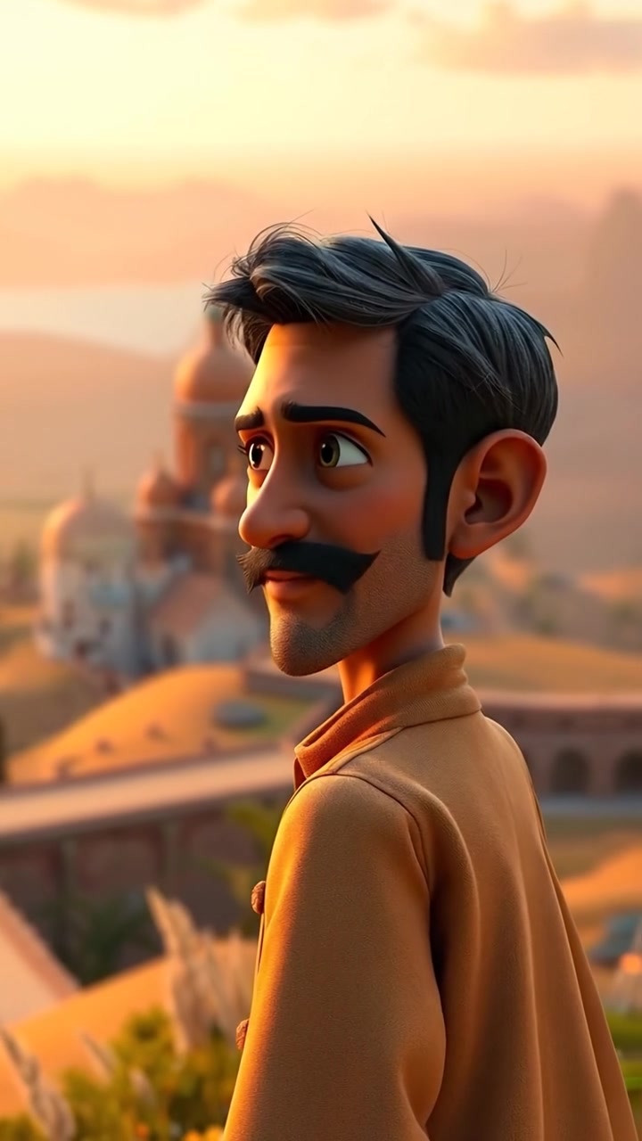 A 3D animation of Omar standing on a hilltop, gazing at the expansive horizon with a determined expression. The scene features natural lighting with soft shadows, smooth camera dolly shot enhancing the majestic view, set against a clear sky. The background audio features gentle ambient wind sounds.