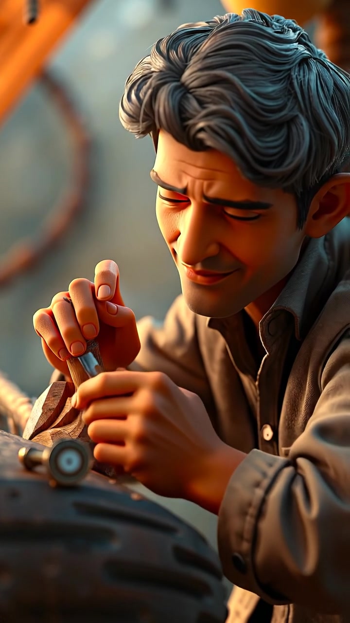 Close-up of Omar's hands carving wood in a detailed 3D animation style, emphasizing texture and craftsmanship, with warm natural lighting and smooth camera focus on the intricate work. The background features a softly blurred workshop setting. The audio features the gentle sounds of carving and woodworking tools.
