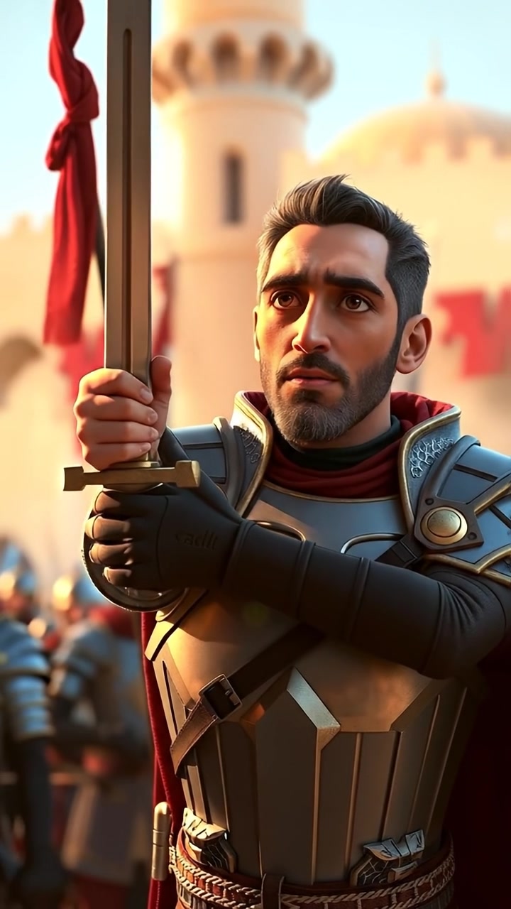 A 3D animation of Omar in historic armor, standing confidently with a sword raised high, commanding his troops. Bright, natural lighting highlights intricate armor details with smooth camera motion emphasizing his heroic stance against a battle-ready backdrop. The background features subtle sound of rallying soldiers and distant battlefield noises.