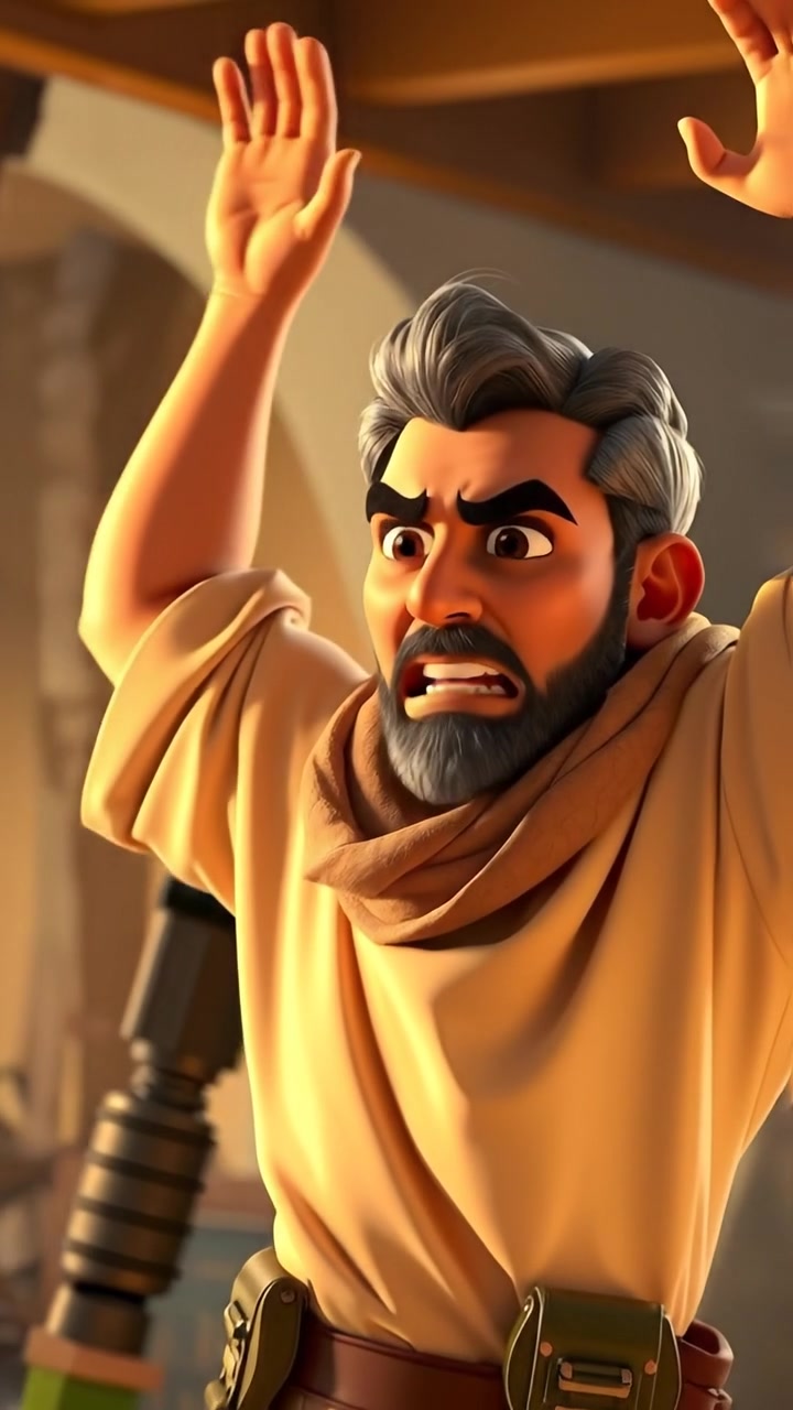 A 3D animation of Omar with arms raised, shouting fiercely at soldiers. The scene is dynamic, with natural lighting and smooth camera movement capturing his intense expression. The background features a war-torn environment with dust in the air. The audio features tense orchestral music.