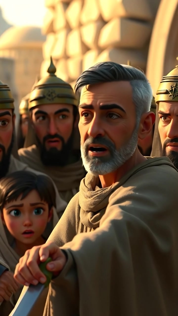 A group of Israelite soldiers in 3D animation style, huddled together with anxious and fearful expressions as they listen intently to Omar, bathed in warm, soft lighting with subtle shadows, captured in a smooth, slightly trembling camera motion that emphasizes their tense moment. The background features a rugged desert landscape under a clear sky. The audio features a tense, suspenseful ambient soundtrack.