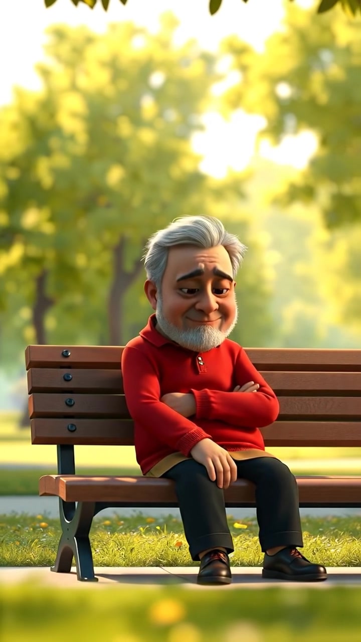 A 3D animated scene of Omar sitting alone on a park bench, deep in thought, with lush trees in the background. The environment features soft sunlight and tranquil surroundings, with smooth camera movement capturing his contemplative pose. The background audio features gentle rustling leaves and distant bird chirping.