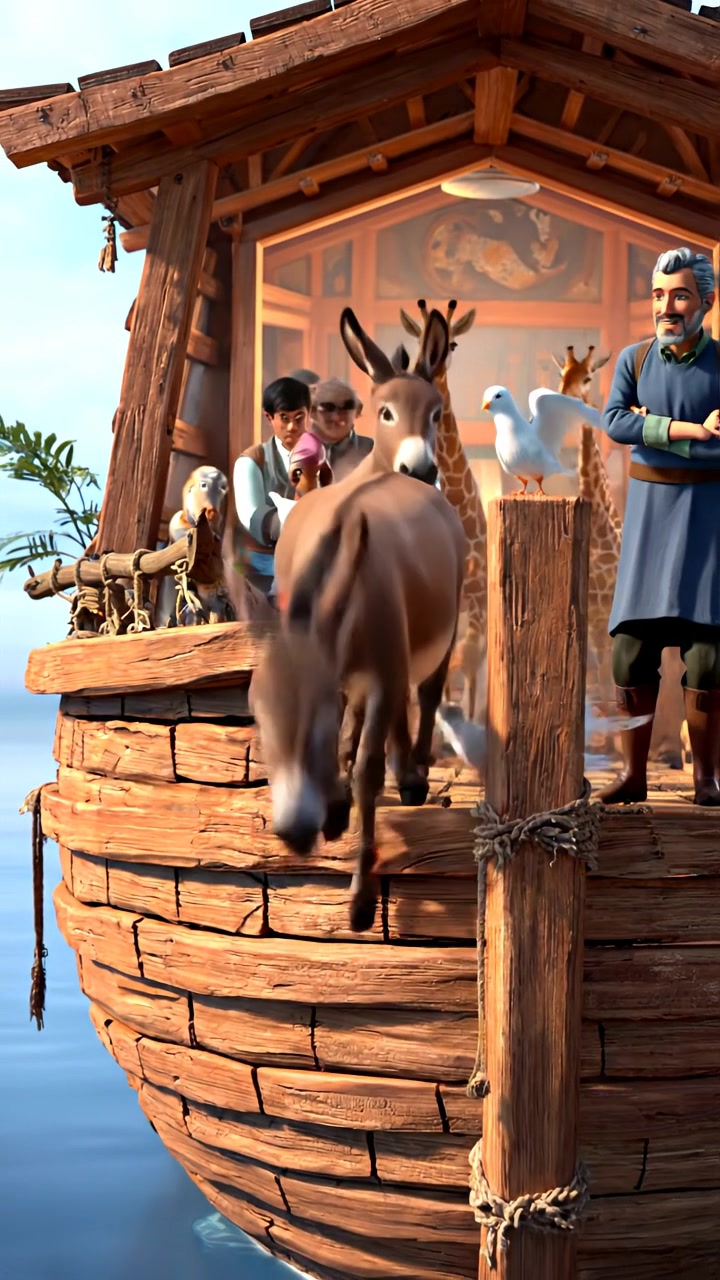 A 3D animation scene of animals entering the ark two by two, with Omar supervising the process. Bright natural lighting highlights detailed textures on animals and the wooden ark. The camera moves smoothly in a cinematic dolly shot, capturing the bustling activity against a vast, overcast sky. The audio features soft orchestral music.