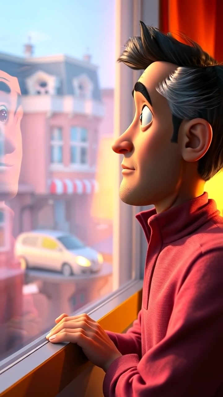 A 3D animation of Omar gazing thoughtfully out a window with warm interior lighting, soft shadows, and a calm, introspective mood. The scene features smooth camera panning to emphasize his reflection and the view outside, with a tranquil atmosphere. The background audio features gentle ambient music.