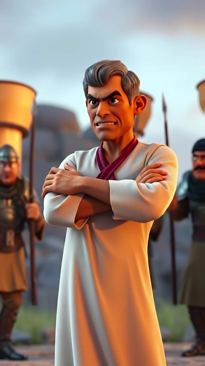 3D animation of Omar with a fierce expression, standing with arms crossed in a dramatic pose, facing off against Israelite soldiers under natural lighting. The scene features high detail, smooth camera angles, and a tense atmosphere. Background audio of distant battle sounds.