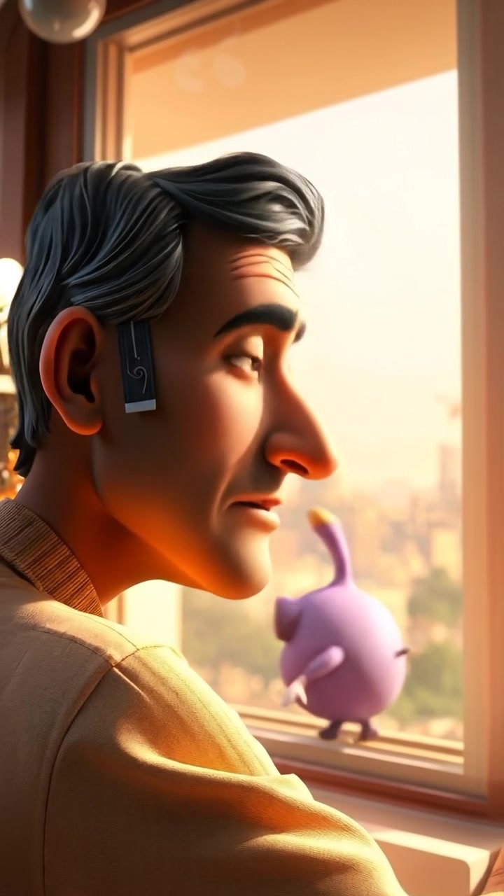 A 3D animation of Omar gazing out of a window, lost in thought with a distant look, illuminated by soft natural light, capturing high detail and smooth camera movement as if in a gentle pan. The background features a serene cityscape under a clear sky. The audio features gentle ambient sounds and distant city noise.