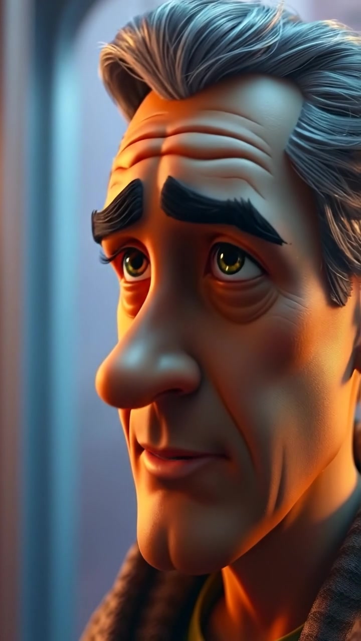 A close-up of Omar's face rendered in 3D animation, capturing deep loneliness and longing with expressive details, under soft, natural lighting. Smooth camera focus emphasizes emotion, with a subtle background blur to enhance intimacy. The background features a muted, abstract environment. The audio features gentle ambient music.