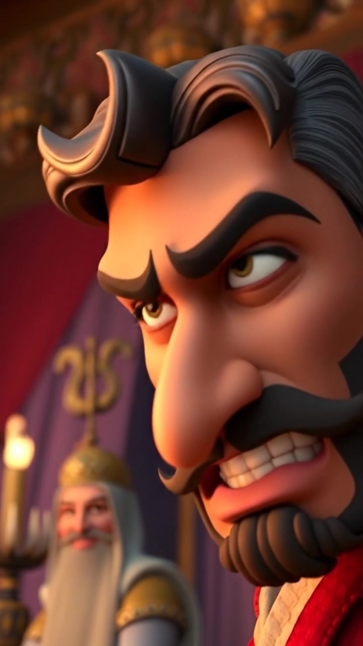 Close-up of Omar with a cruel expression, plotting his attack on the kingdom in a dark, ominous 3D animation style, cinematic lighting highlighting shadows on his face, smooth camera zoom-in, atmospheric tension, with a backdrop of a shadowy fortress. The audio features tense orchestral music.