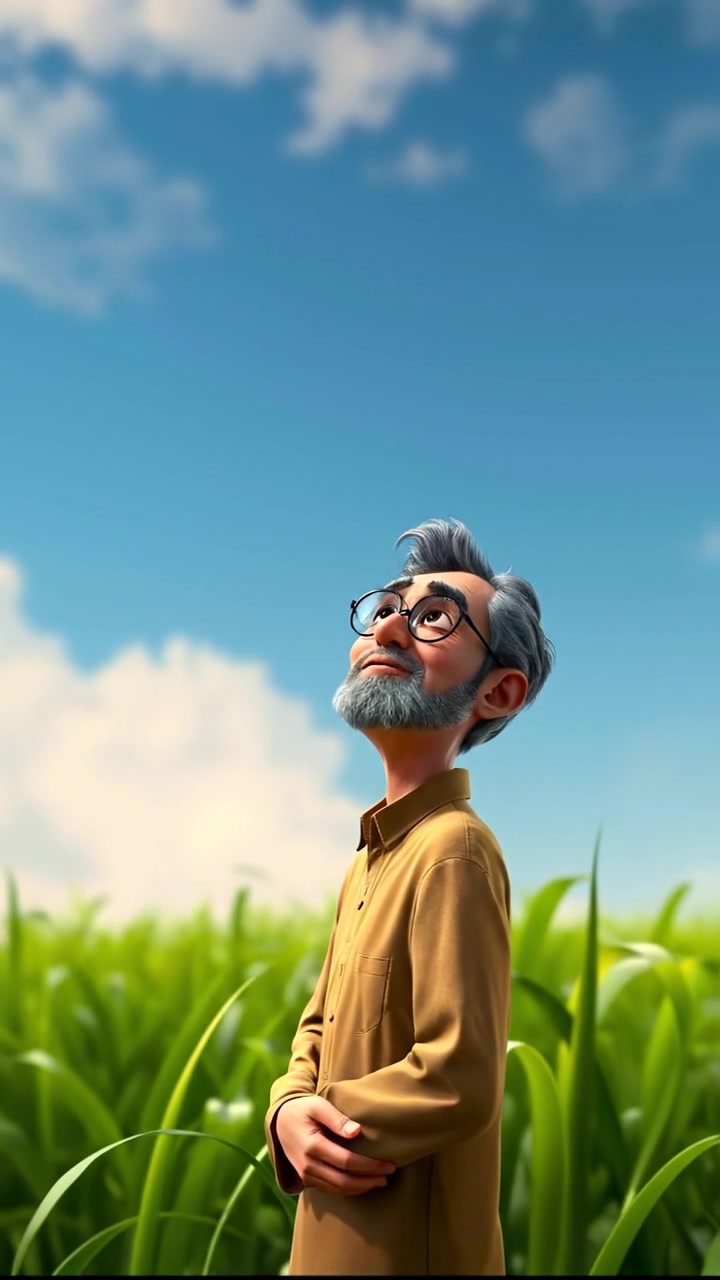 A 3D animation of Omar standing in a lush green field, gazing thoughtfully at the sky under soft, natural lighting. The scene features high detail with gentle camera movement capturing the serene landscape and Omar's reflective pose. The background audio evokes calm wind and distant birds.