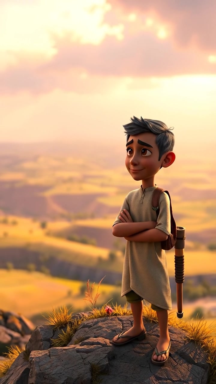 A 3D animation of Omar standing resolutely on a hilltop, overlooking a peaceful valley. The scene features natural lighting with warm tones, soft shadows, and smooth camera movement capturing the expansive view. The background audio features gentle wind sounds in the tranquil landscape.