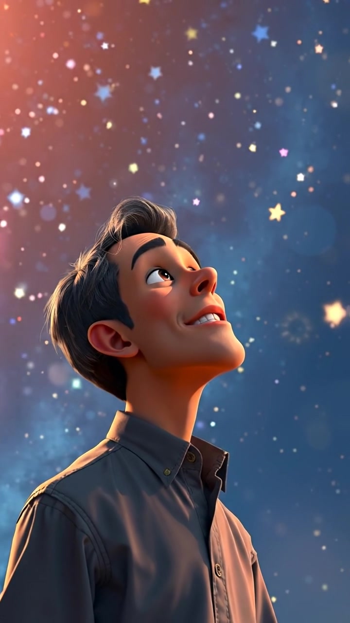 A 3D animation of Omar pondering under a vast, starry night sky, with celestial glow illuminating his thoughtful face, gentle camera dolly movement capturing the serene moment, soft moonlight blending with starry ambiance, conveying tranquility and wonder. The audio features subtle night sounds with distant crickets.