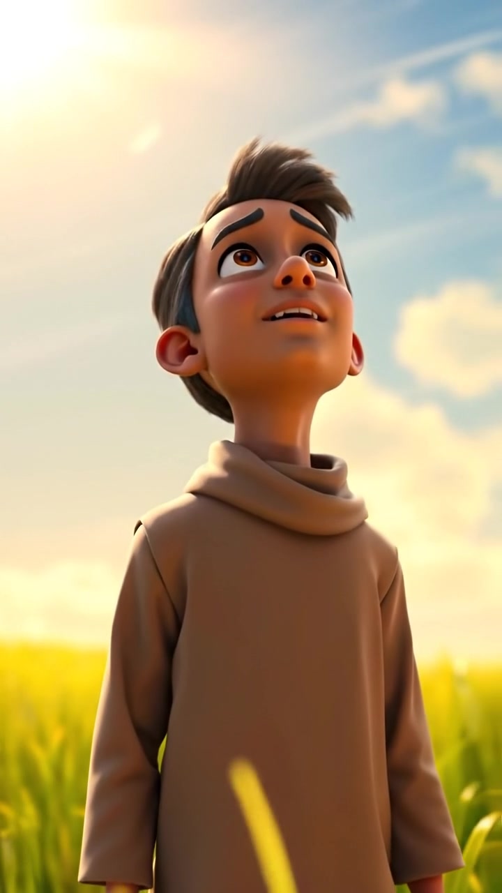 A 3D animation of Omar standing in a sunlit field, gazing upward at the sky with awe as he hears a divine command. The scene is bathed in warm natural light with soft shadows, rendered with high detail and smooth camera movement. The background features a lush landscape with gentle wind. The audio features distant, soft wind sounds.