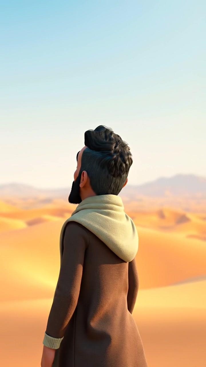 A 3D animation of Omar standing alone in a sprawling desert under a clear sky, gazing thoughtfully toward the horizon. The scene features warm sunlight, detailed sand dunes, and gentle camera movement capturing the vastness. The background sound includes soft wind and distant desert sounds.