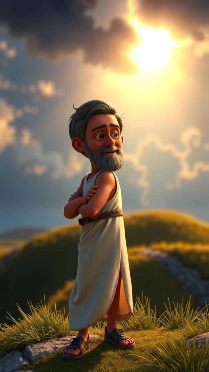 A 3D animation of Omar standing on a hilltop, gazing up at a radiant light piercing through dark clouds, bathed in warm, natural lighting with high detail and smooth camera movement that emphasizes the awe-inspiring sky. The background features a scenic landscape with soft shadows, and the audio features gentle wind sounds.