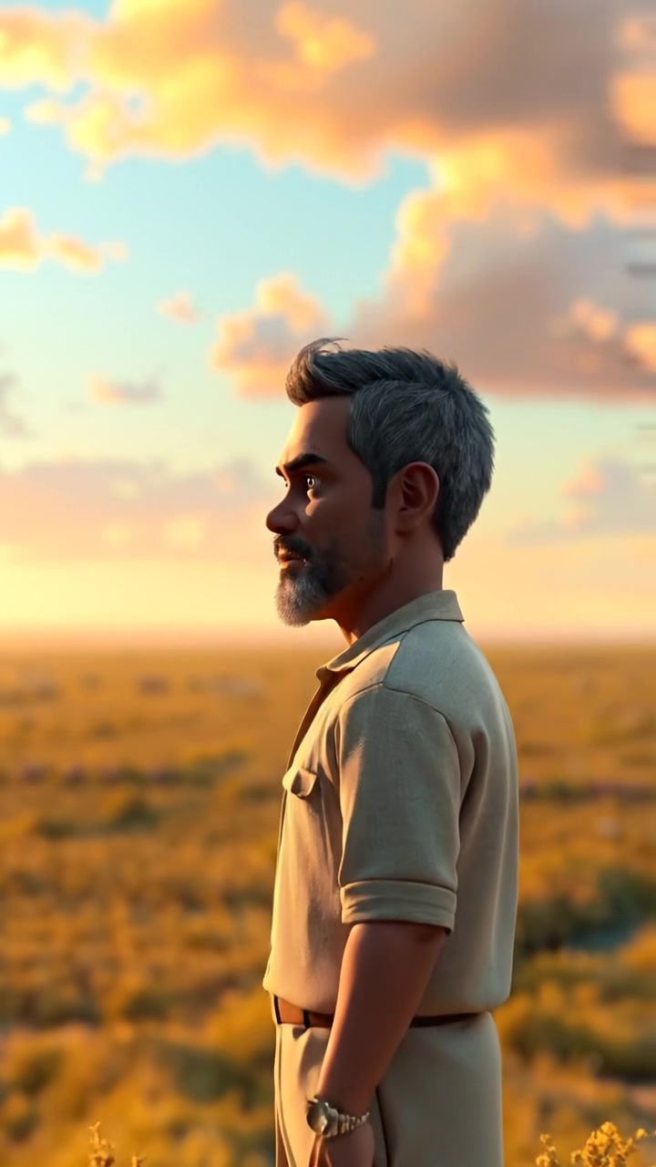 A 3D animation of Omar standing at the edge of a vast, open field, gazing determinedly into the distant horizon, illuminated by warm sunlight with soft shadows. The camera smoothly dolly-in to focus on his resolute expression, with a gently rustling breeze. The background features a serene, endless landscape. The audio features gentle wind sounds.