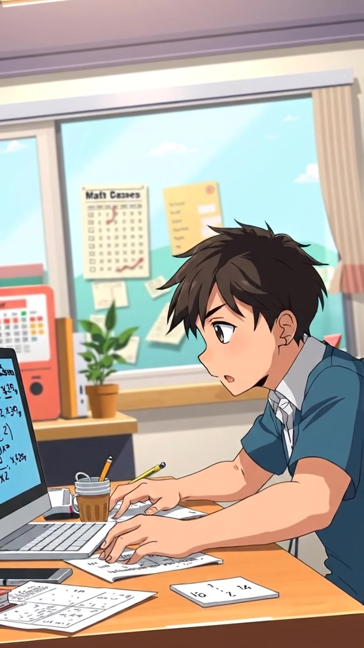 Anime style of Ken working on math problems at his desk with a focused expression, illuminated by soft natural light, detailed background with books and papers, gentle camera tilt showing his concentration and workspace, warm tones and smooth camera motion. The background audio features subtle classroom ambiance.
